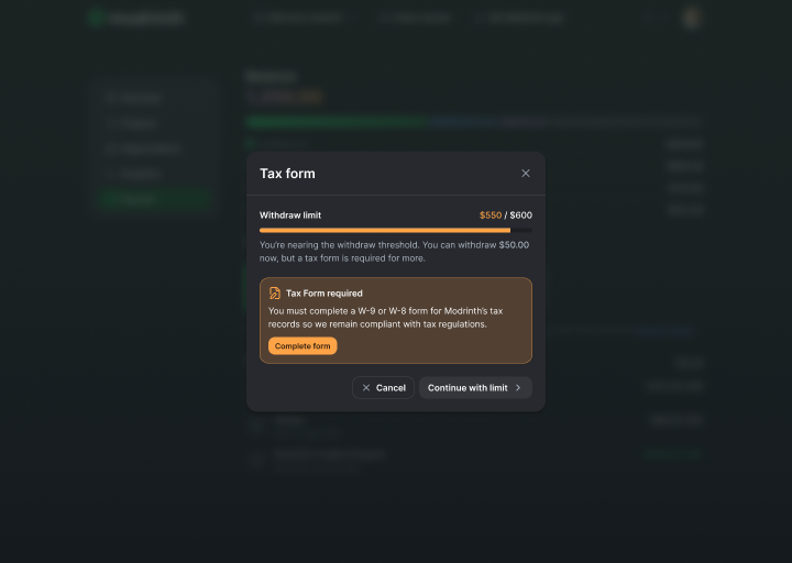 A snippet of the tax form stage of the new withdraw modal.